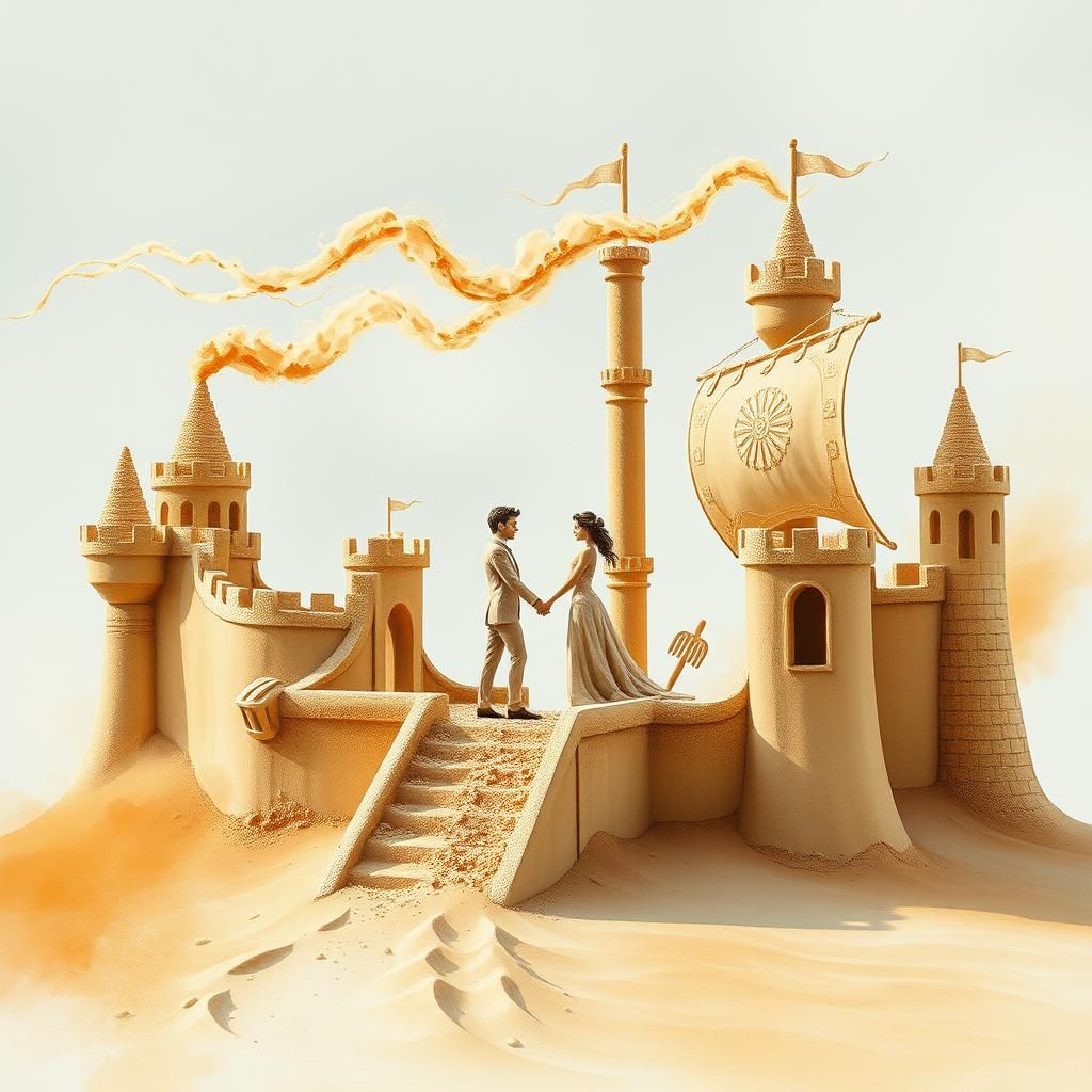 Sand Couple Sculpture on Ship in Watercolor Style