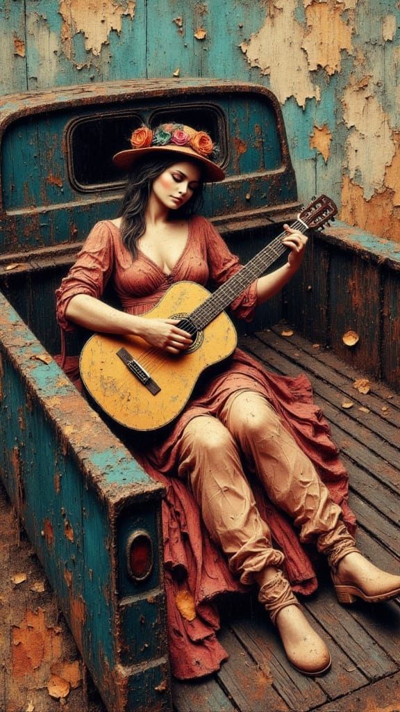 Woman Playing Guitar in Rusty Truck, Oil Painting Style