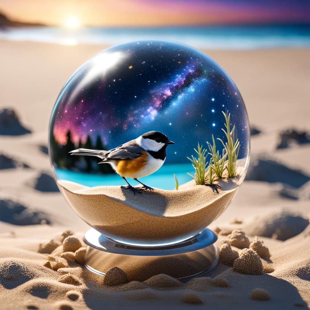 Chickadee on Galaxy Sphere Beach in High Detail