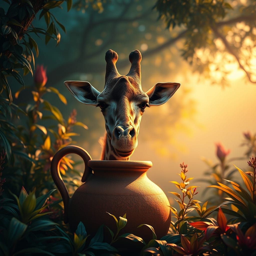 Surreal Giraffe Emerges from Earthy Jug in Whimsical Scene