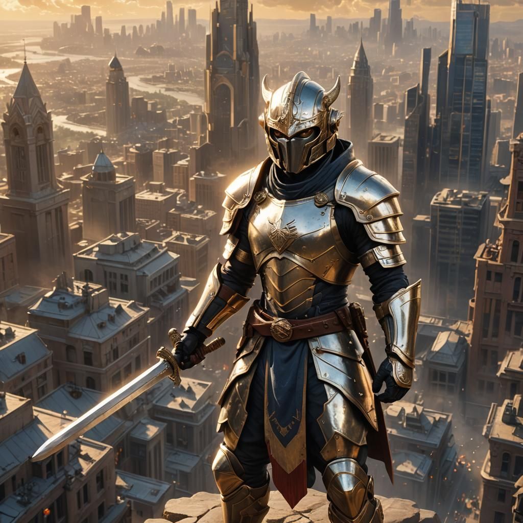 Captain Asura Whitehelm in Golden Cityscape, Fantasy Art