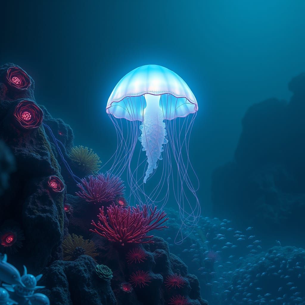 Bioluminescent Jellyfish in Alien Ocean: Hyperrealistic Art