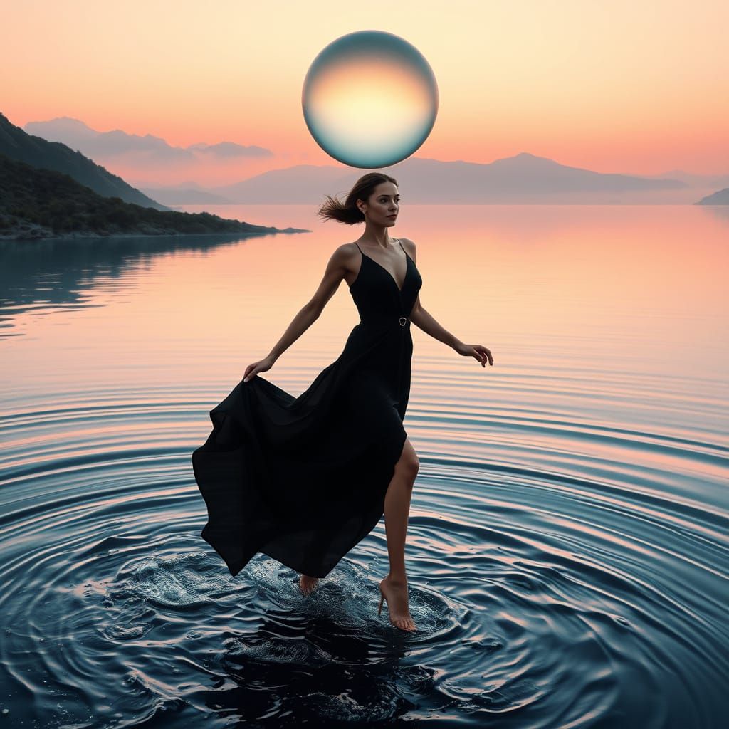 Elegant Woman in Dreamy Sunset Landscape with Soft Focus and...