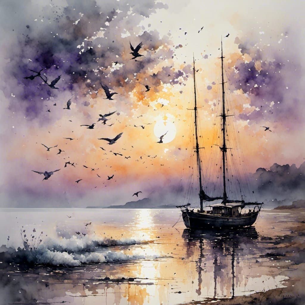 Dawn Seascape with Boat in Muted Colors