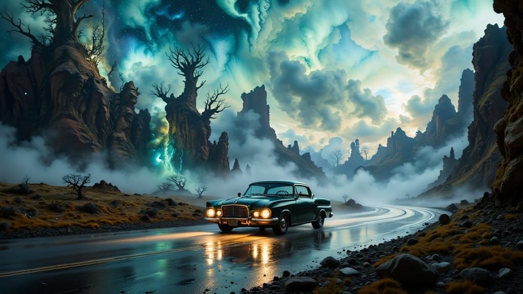 Studebaker Silver Hawk on Alien Planet in Hyperdetailed Styl...