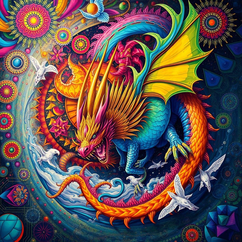 Vibrant Dragon in Kaleidoscopic Dreamscape