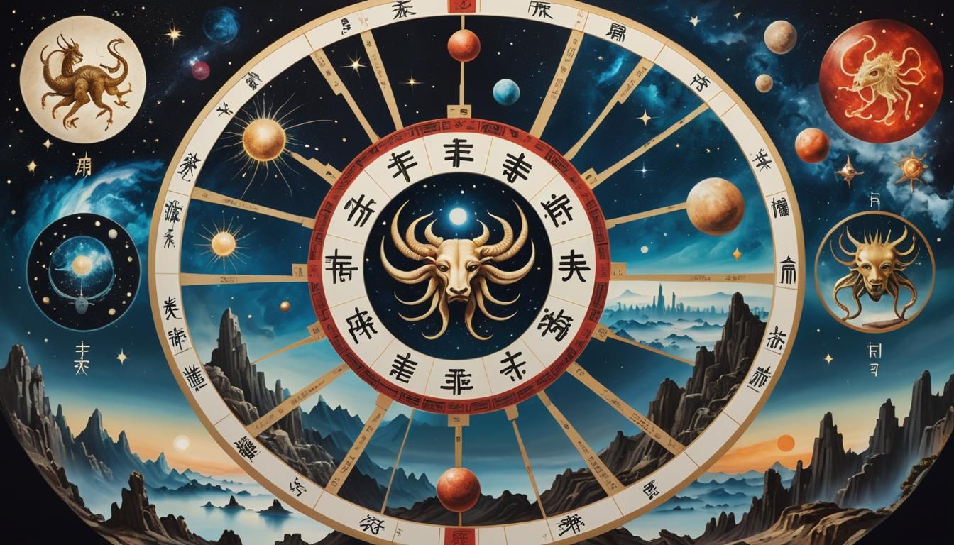 Create a Chinese Zodiaca, magnum opus with the theme of an occult astrology wheel