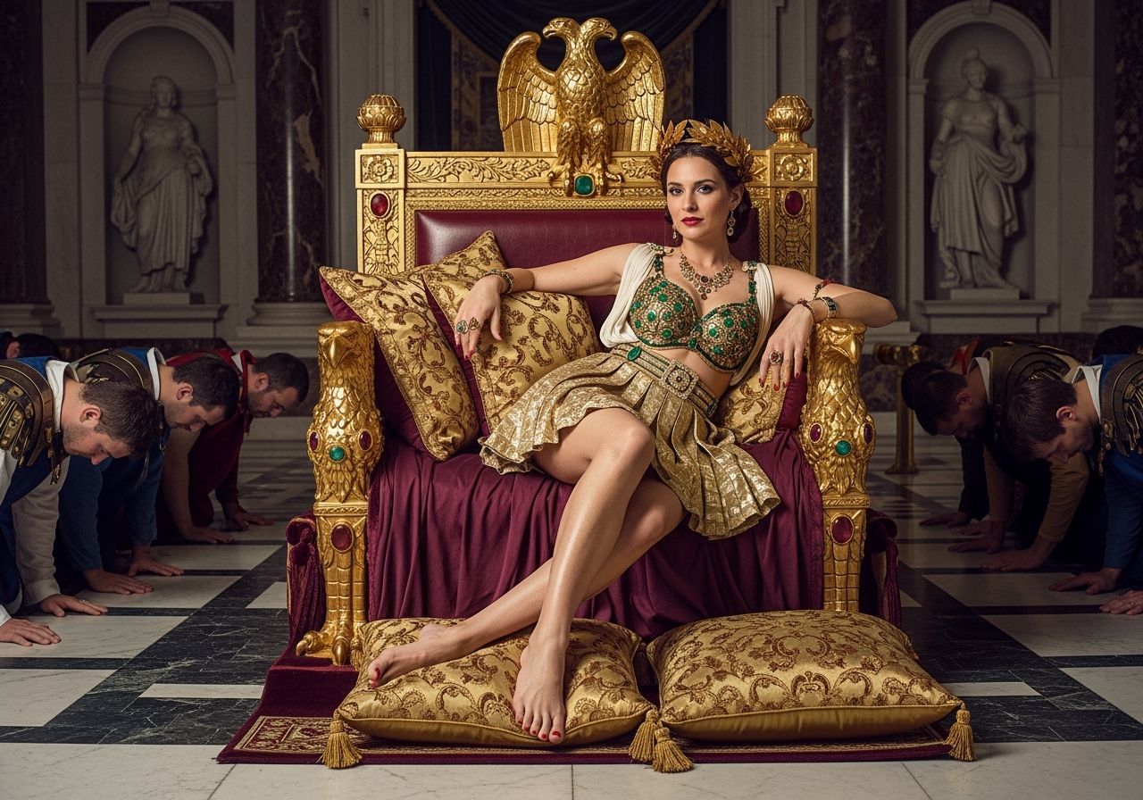Seductive Roman Empress on Golden Throne