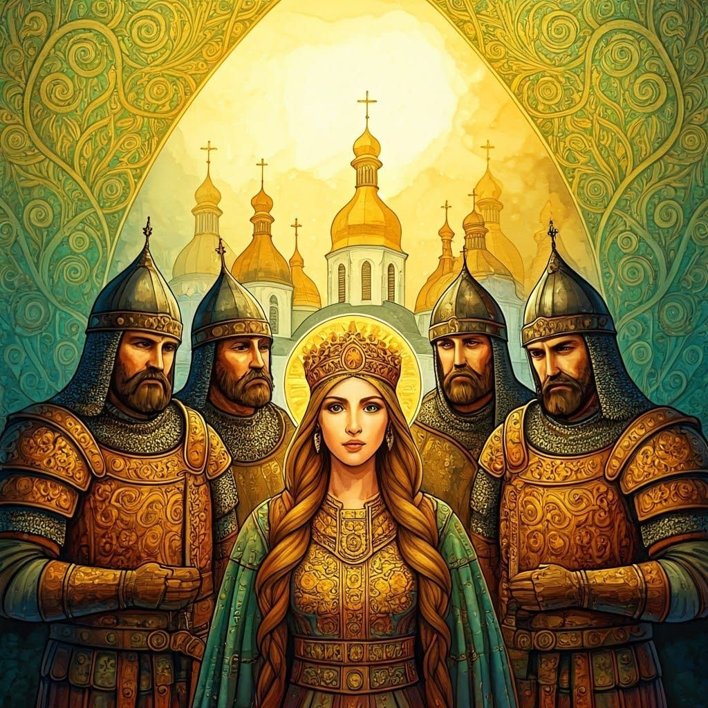 Princess Olha and Rus Warriors in Alcohol Ink Illustration