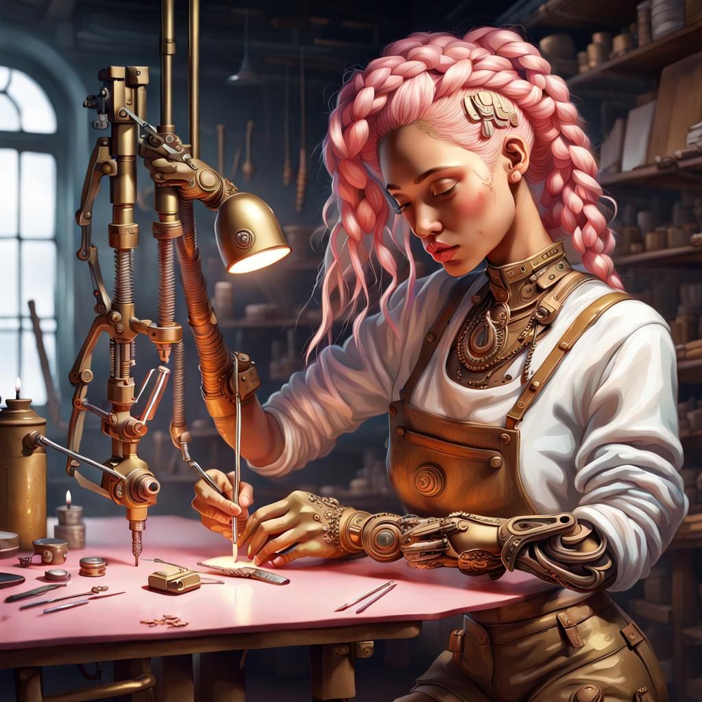 Futuristic Artificer Woman in Atelier Repairing Mechanism