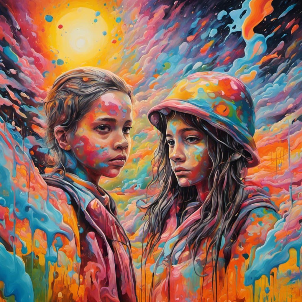 Colorful Graffiti Landscape with Angel and Children