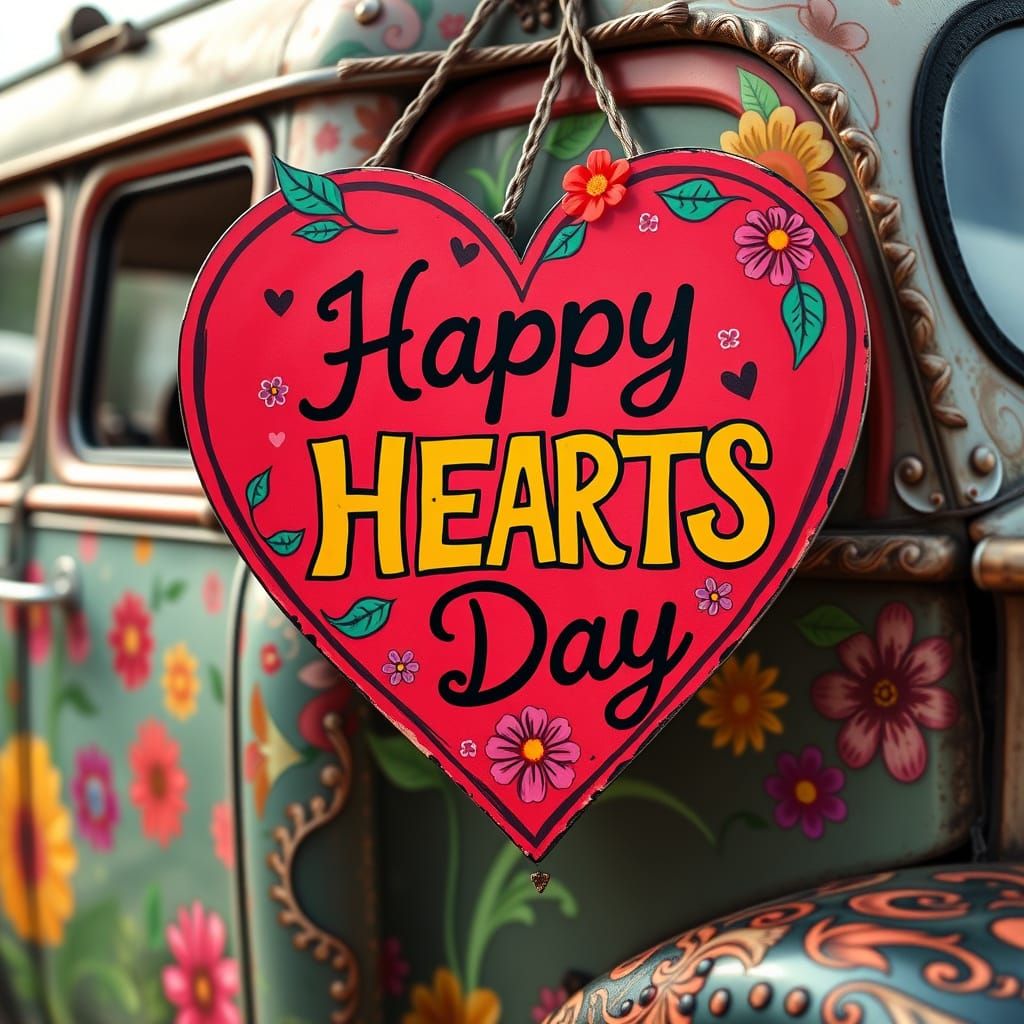 Psychedelic Heart-Shaped Sign Adorns a Retro Hippie Truck