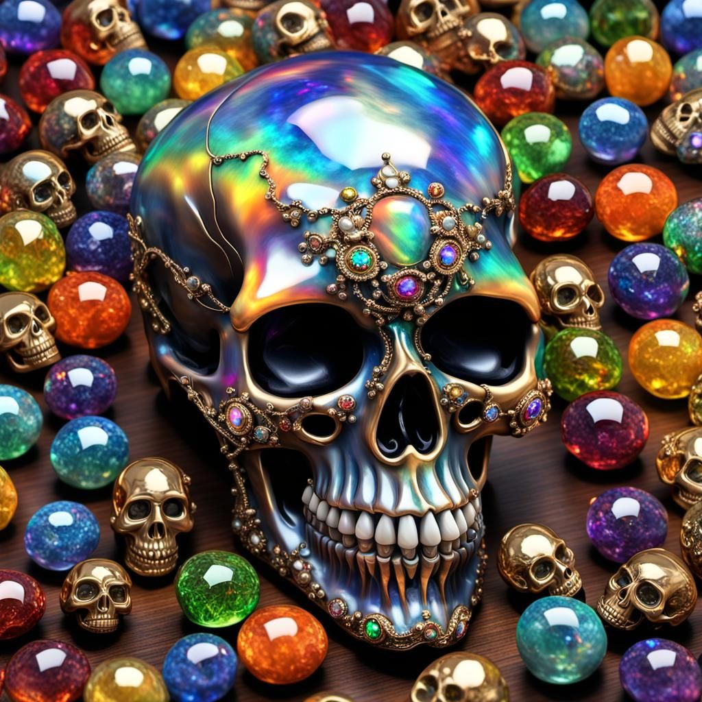 Opal Skull Surrounded by Gems and Treasure