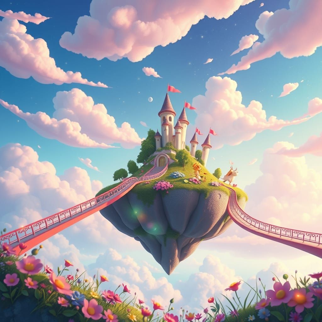 Whimsical Floating Island with Fairy Lights and Rainbow Brid...