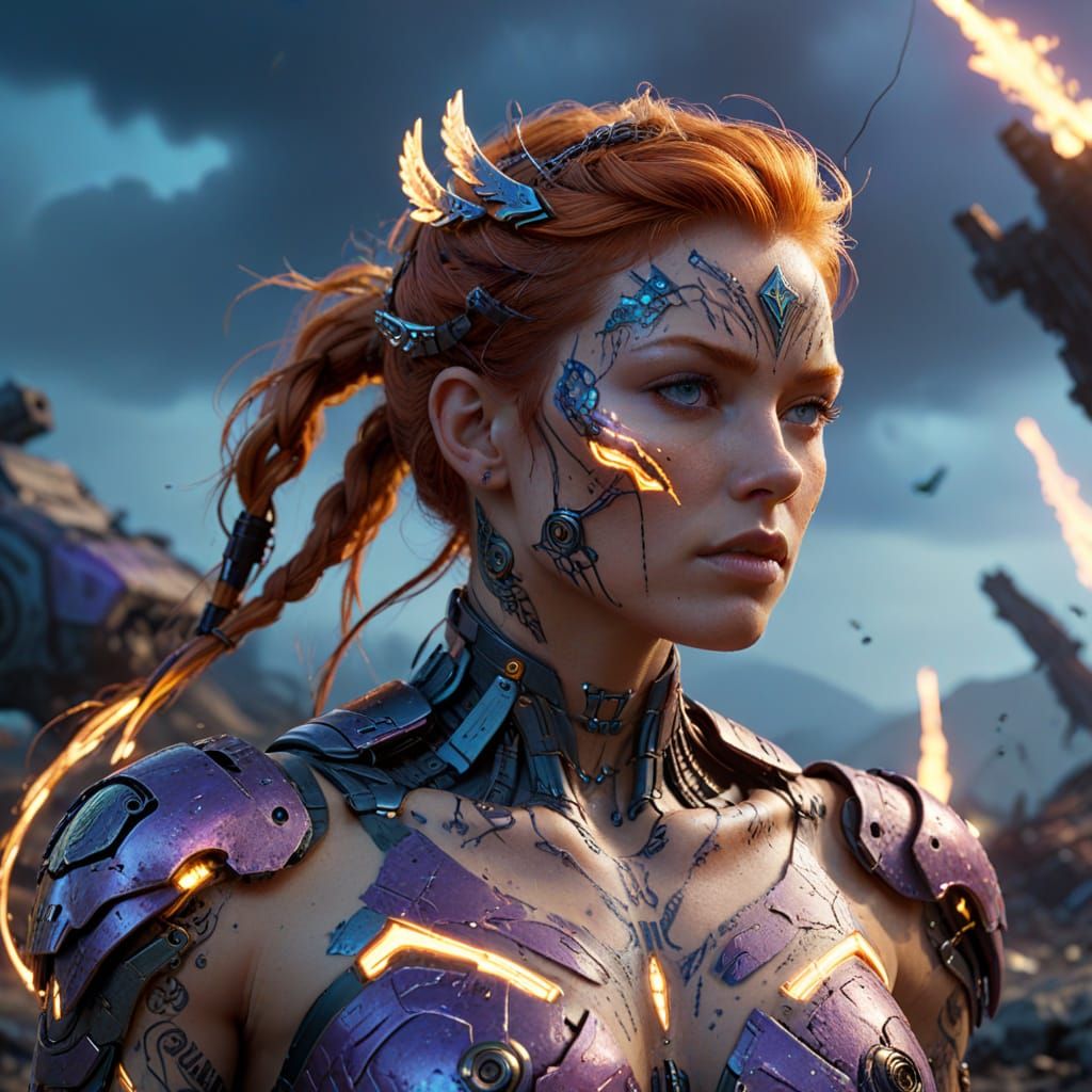 Ginger Valkyrie with Cybernetic Tattoos in Hyperrealism