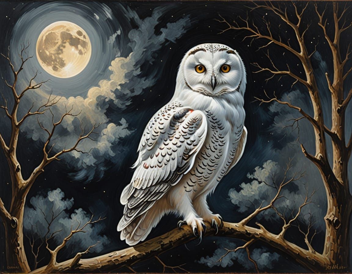 Serene White Owl Under Full Moonlit Skies