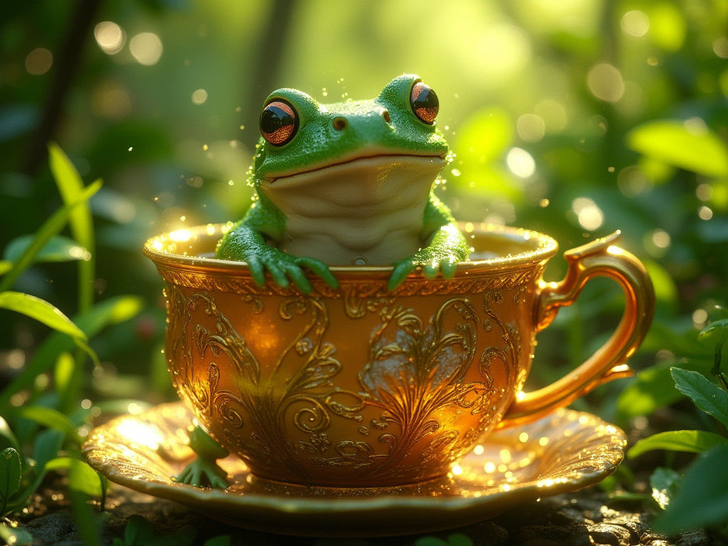 Frog in Teacup: A Hyperrealistic Dreamscape