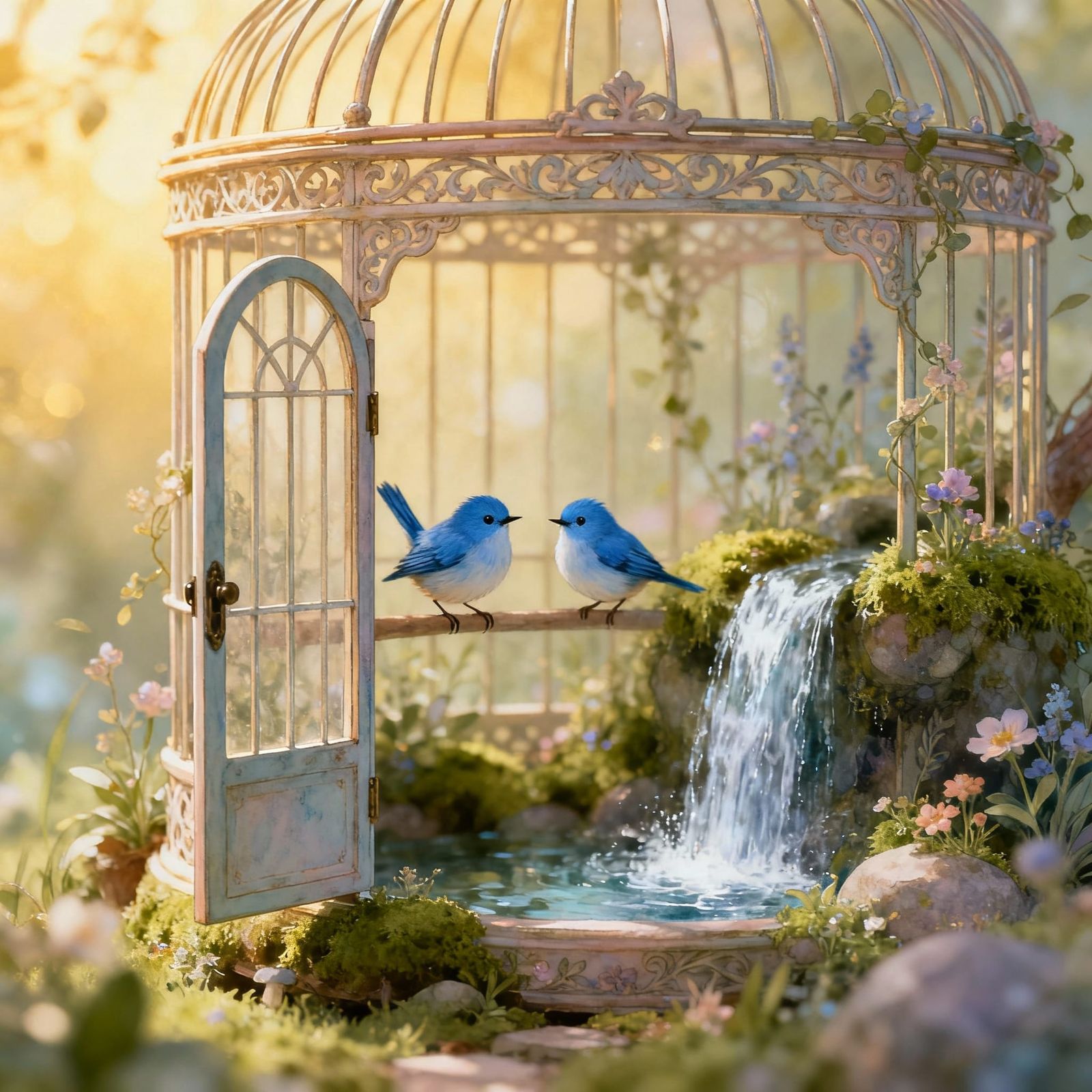 Fairy Wrens Escape Intricate Birdcage into Lush Garden