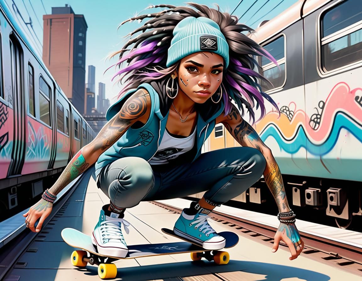 Biopunk Aboriginal Skater Princess on Graffiti Train