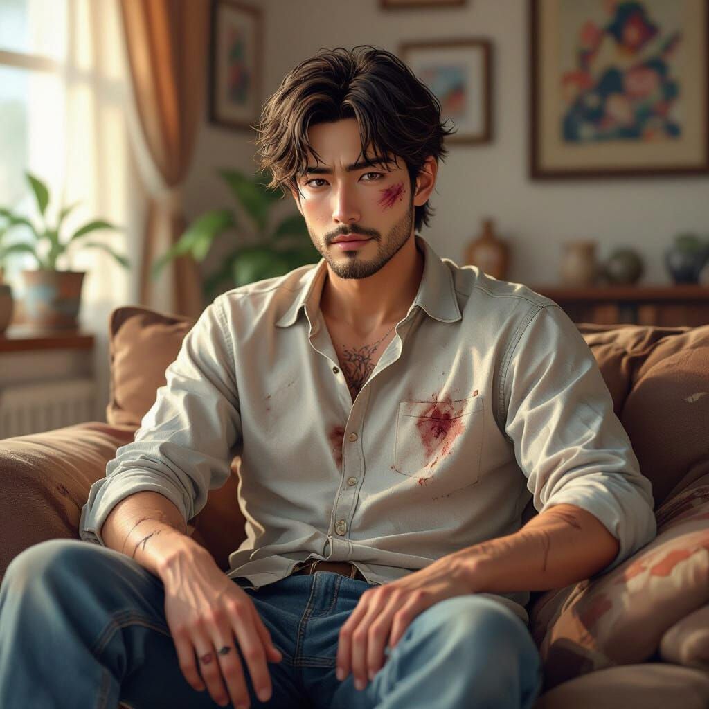 Cartoon Dad with Bruises in Anime 3D Style