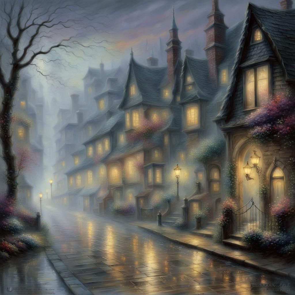 Ethereal Misty Street Scene in Fantasy Style