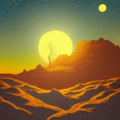 Desert Landscape at Sunset in Ethereal Style
