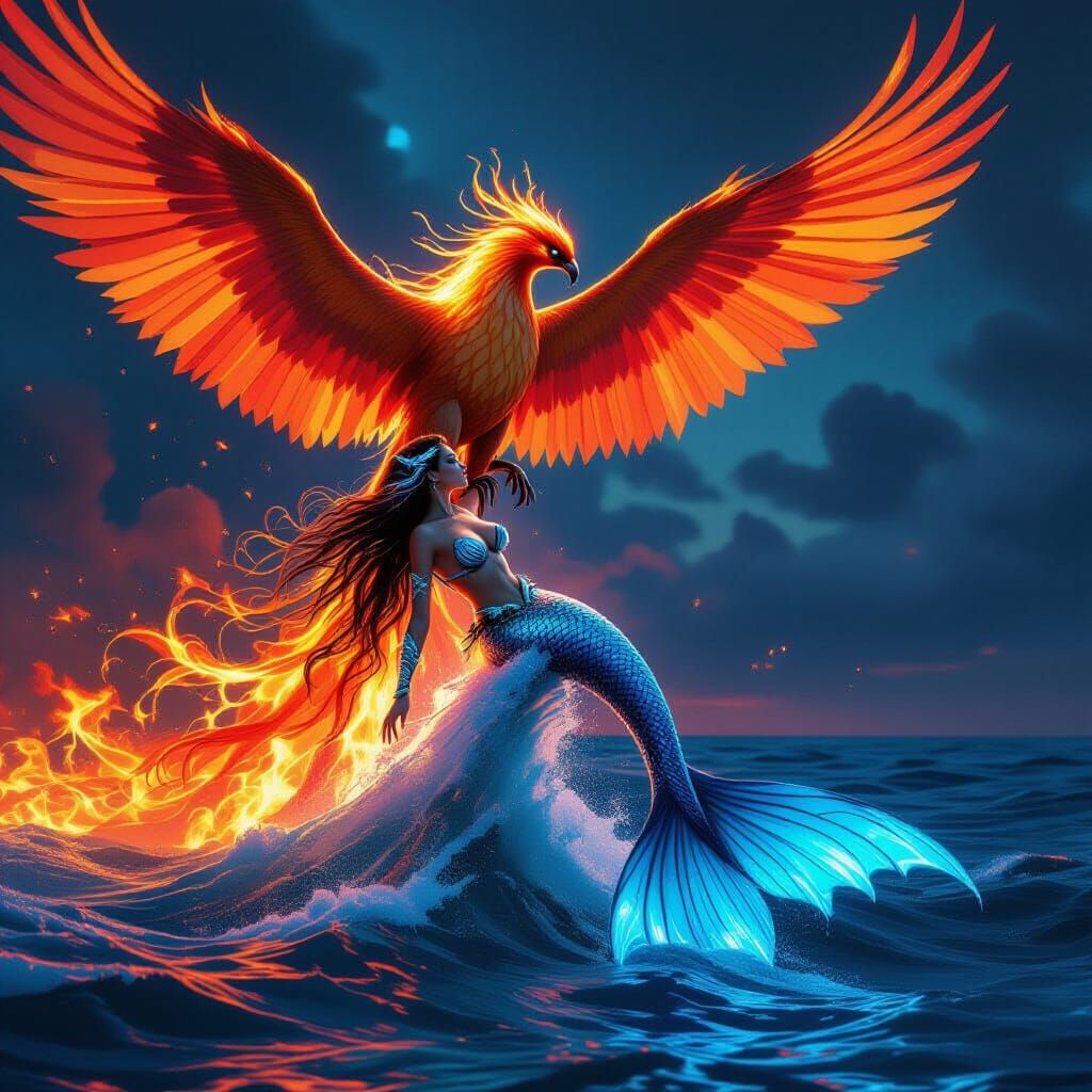 Majestic Fire Phoenix Rescues Mermaid in Cyberpunk Style