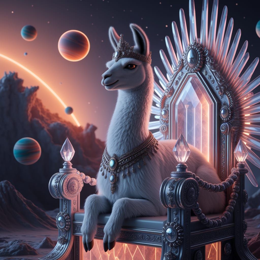 Alien Royal Llama on Crystalline Throne: Sci-Fi Fantasy Art