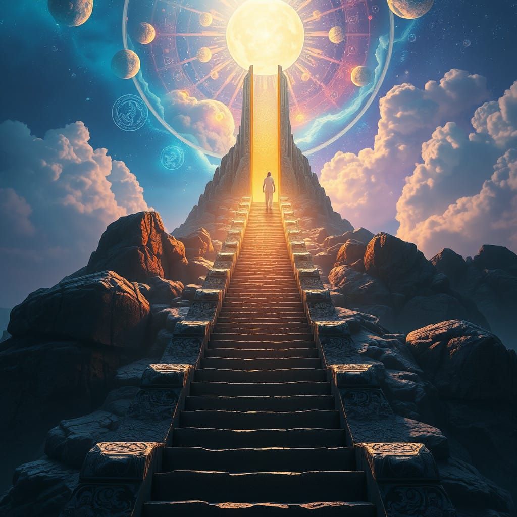 Mystical Stairway Ascends to Celestial Realm in Vibrant 8k M...