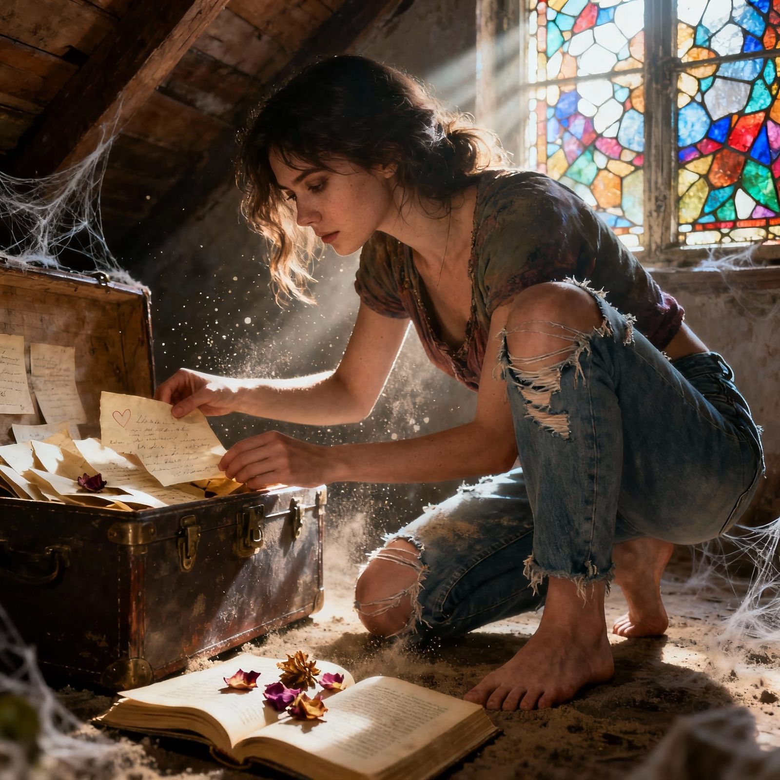 Woman Searching Attic for Love Letters Amidst Dust