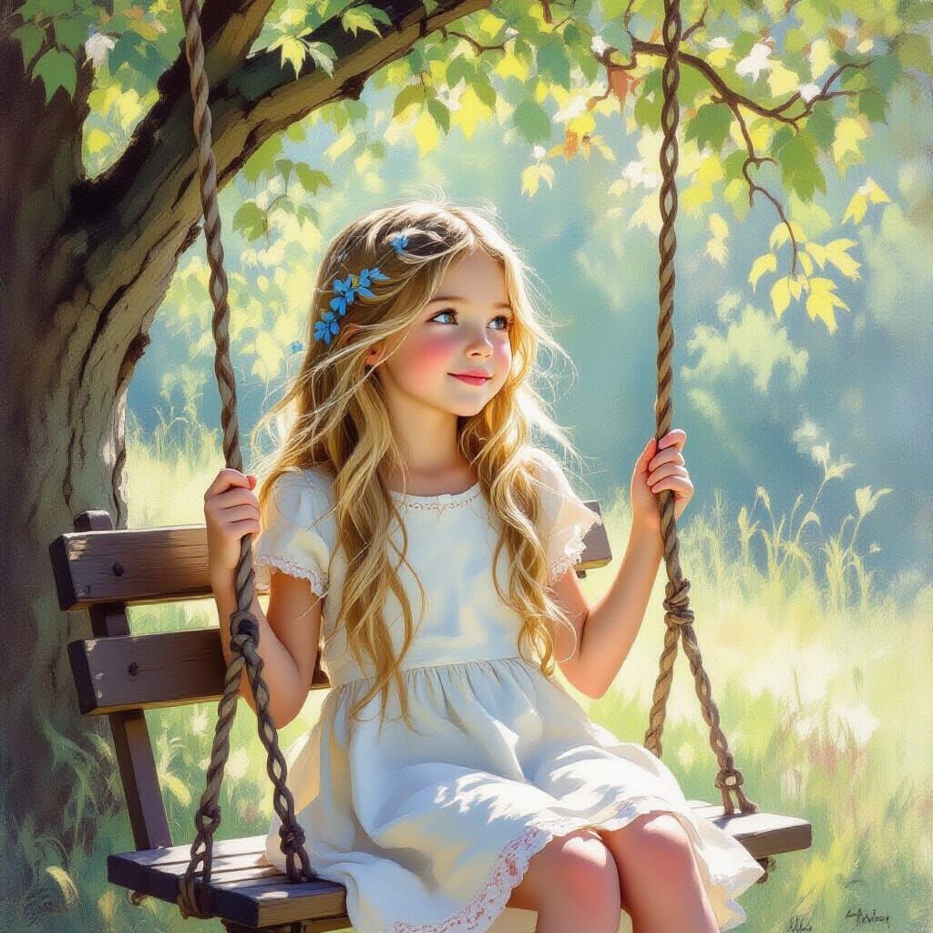 Girl on Swing in Ethereal Impressionist Style