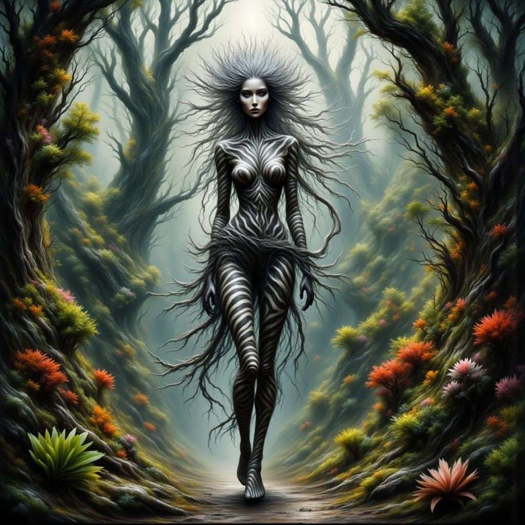 Ethereal Zebra Woman Dancing in Whimsical Woodland