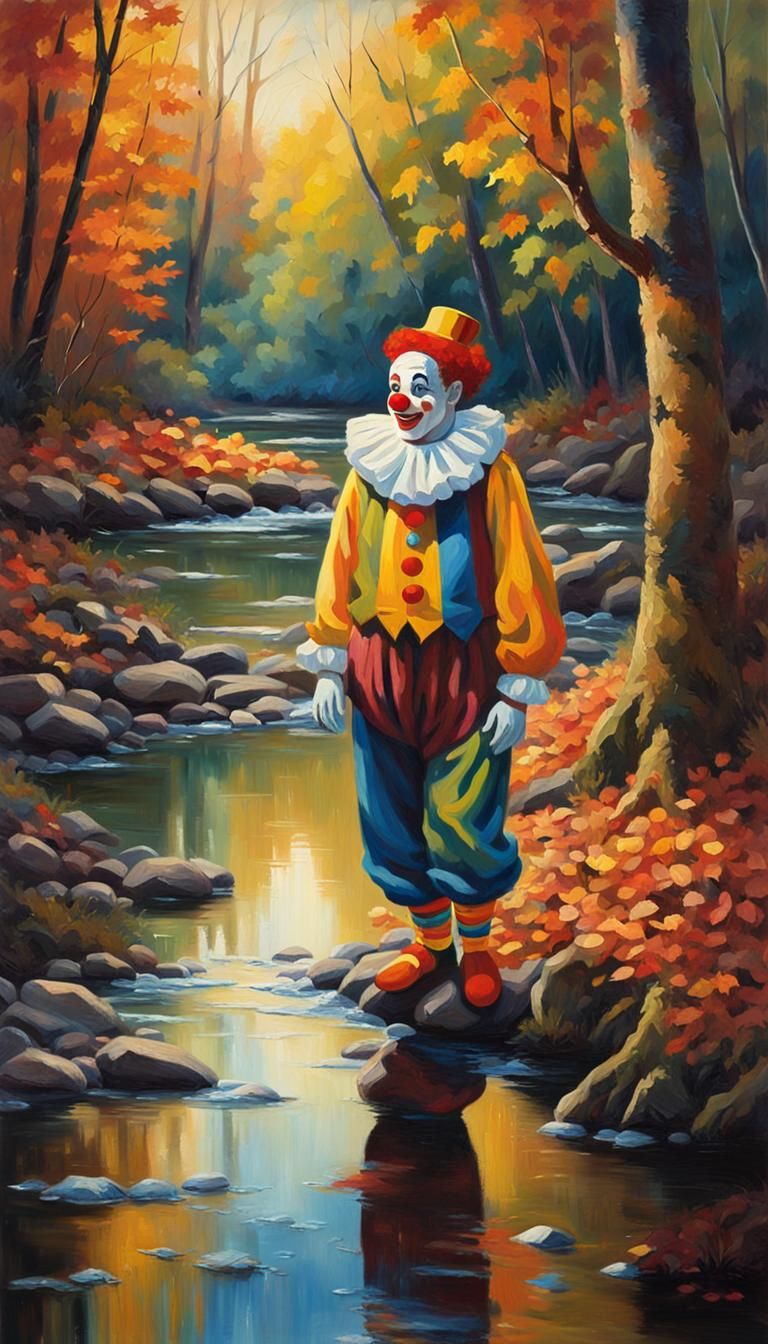 Happy Clown in Amazonian Forest: Fauvist Oil Painting
