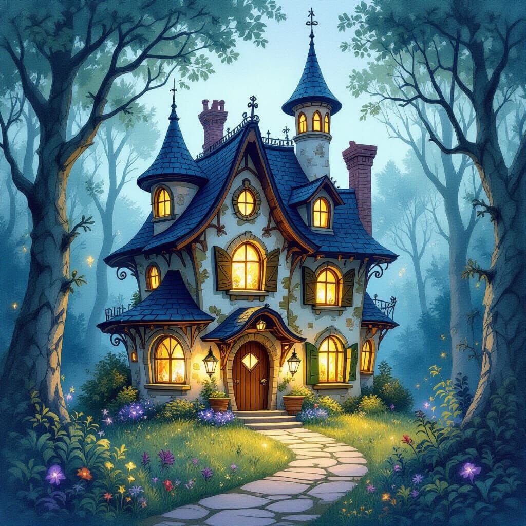 Whimsical Glowing House in Enchanted Forest