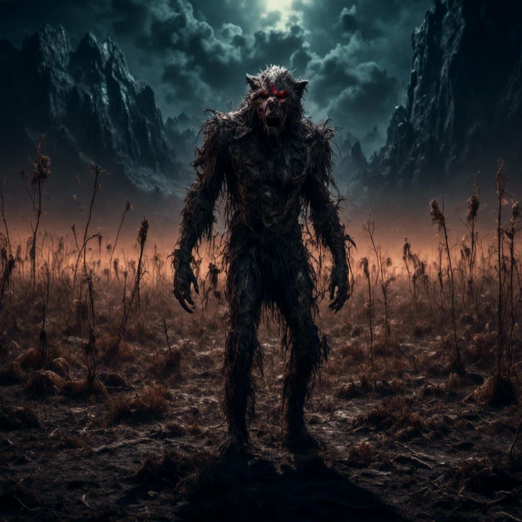 Werewolf in Field at Night: Hyperreal Cinematic Image