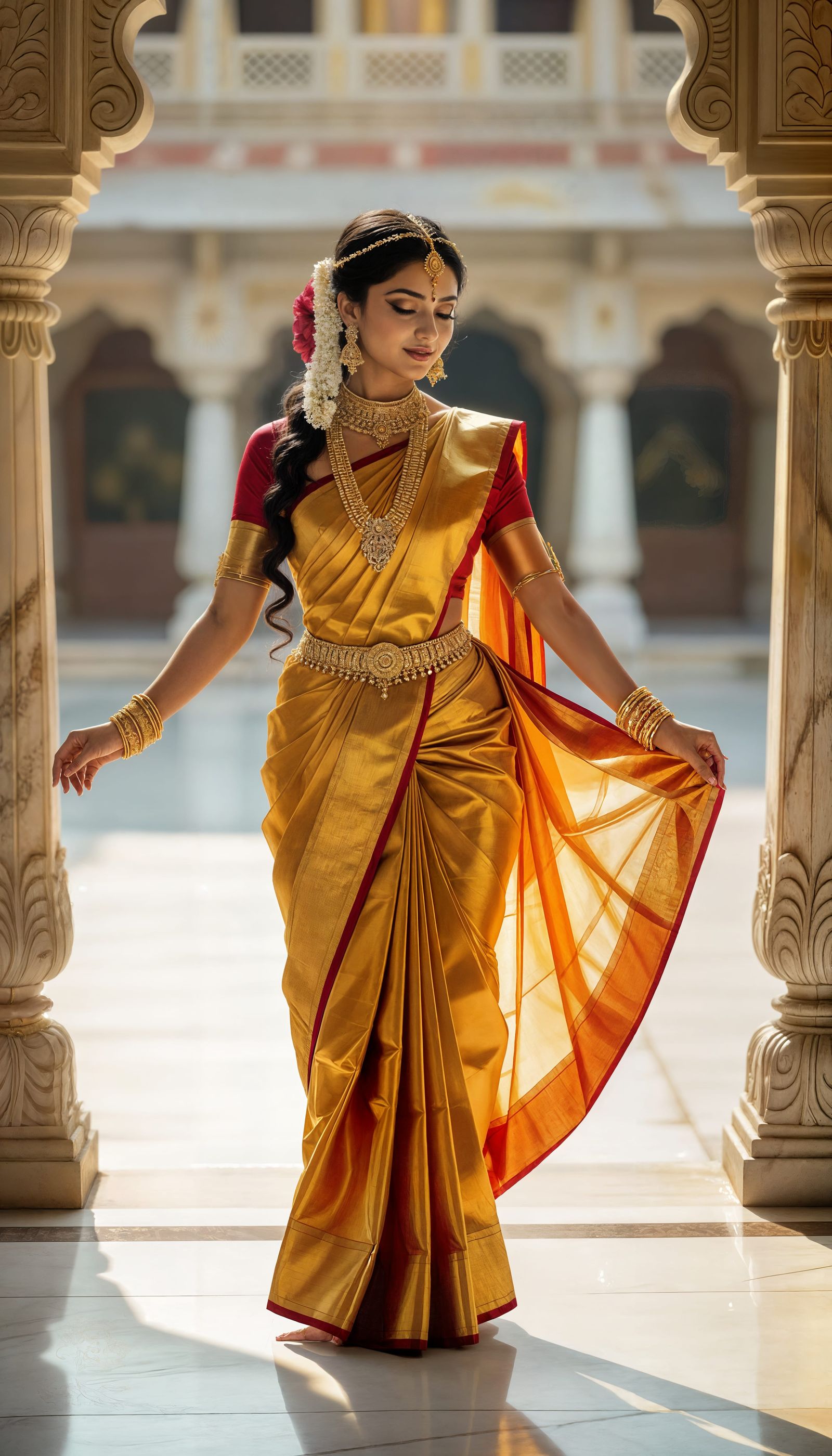 South Asian Apsara Dancing in Temple Courtyard