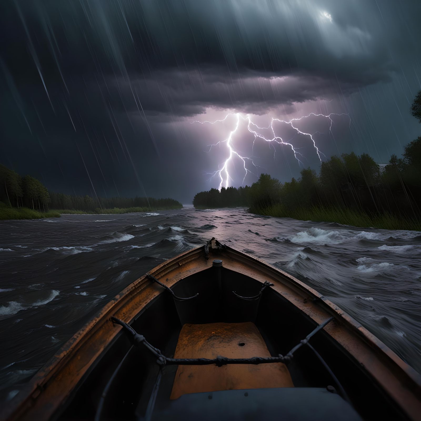 Survivalist Navigates a Stormy Riverscape at Night