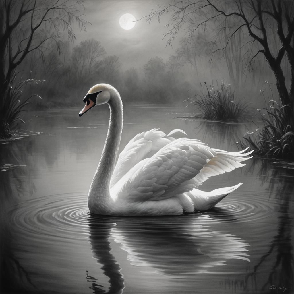 White Swan in Moonlit Pond: Charcoal Drawing