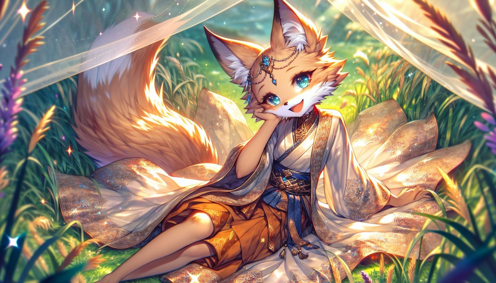 Whimsical Fox Maiden Basks in Starlight