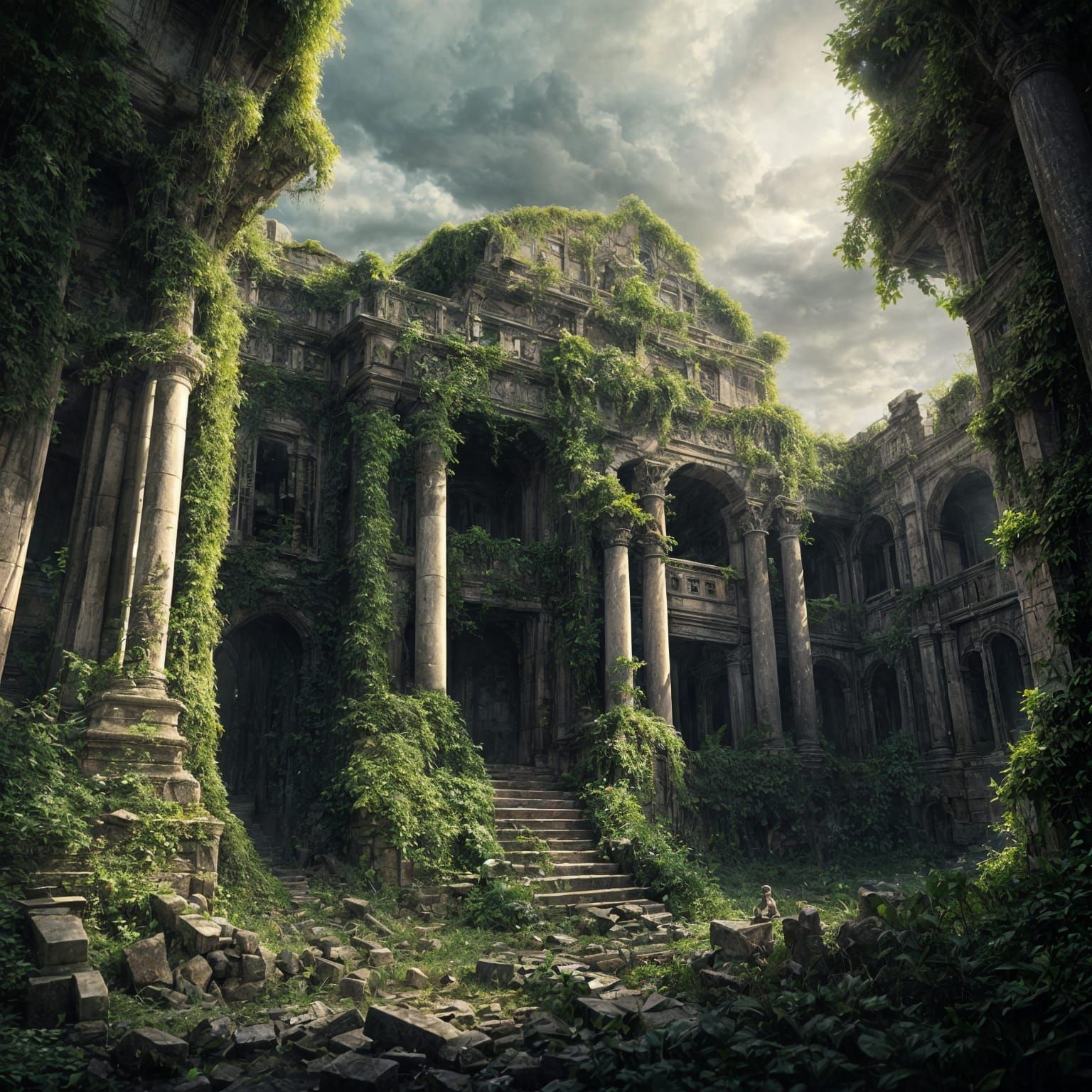 Ivy-Swallowed Ruins: Dramatic Digital Matte Painting