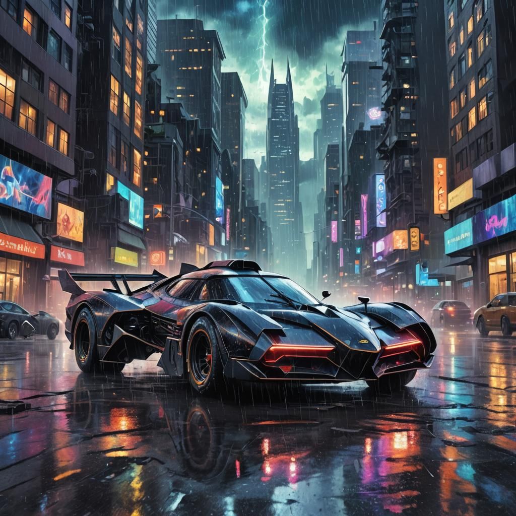 Cosmic Batmobile on Rainy Street, Holographic Illustration