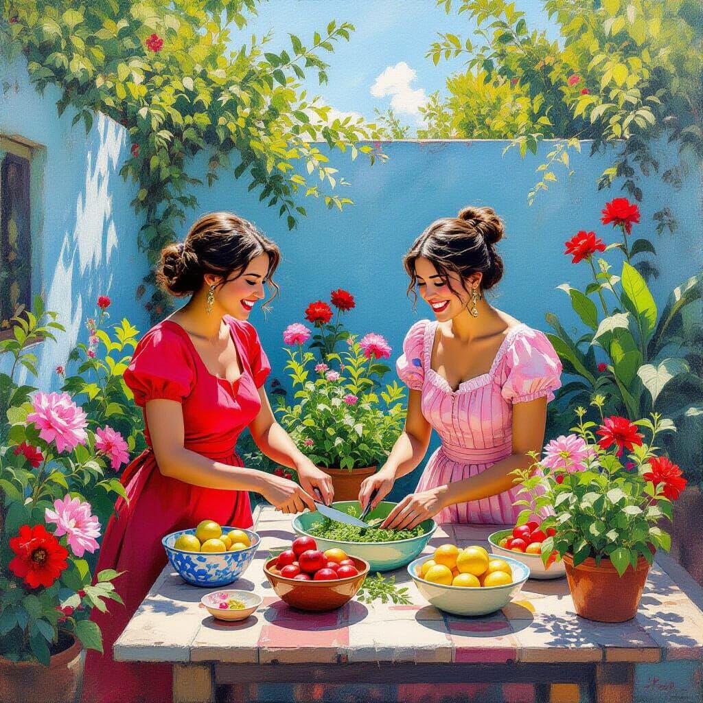 Women in Garden with Flowers in Impressionist Style