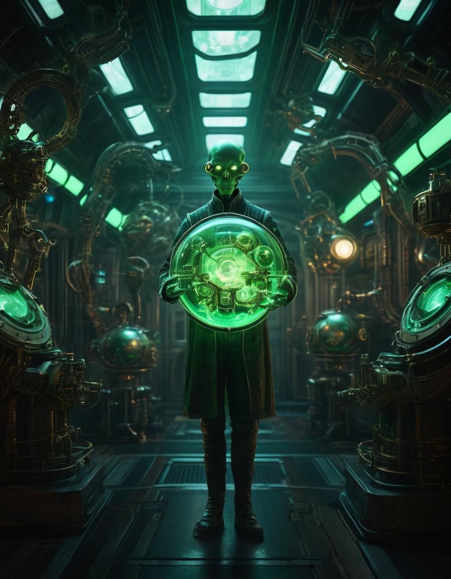 An alien in his space lab holding an orb with a human fetus ...