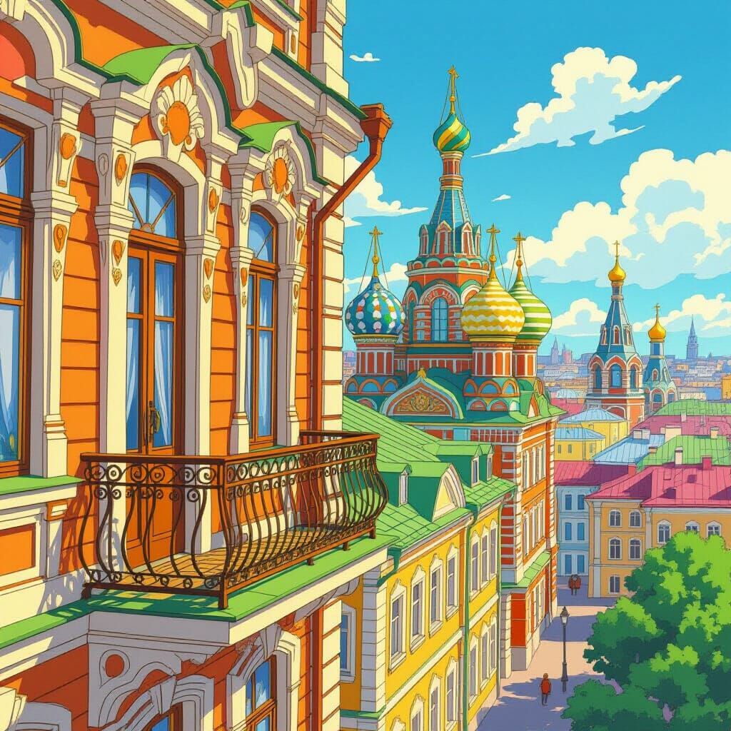 Ornate Russian Balcony Overlooking Colorful Cityscape in Ani...