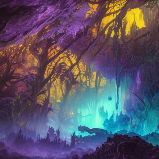 Bioluminescent Cavern: Dark Fantasy Concept Art
