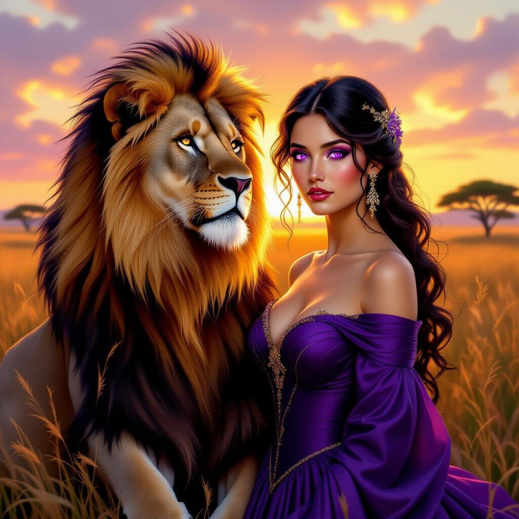 Majestic Lion and Woman in Purple Dress on Savannah