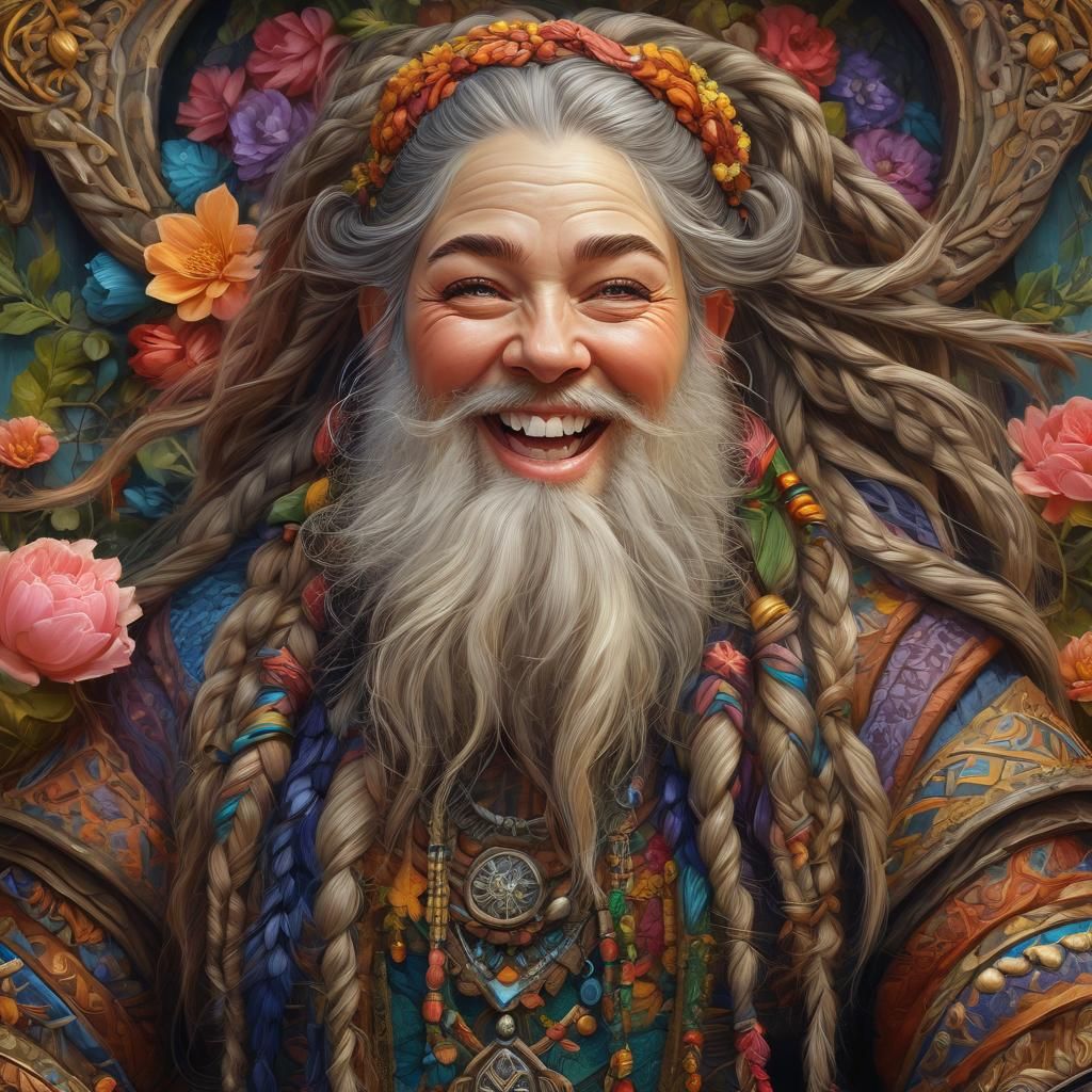 Laughing Female Dwarf with Braided Beard, Whimsical Portrait
