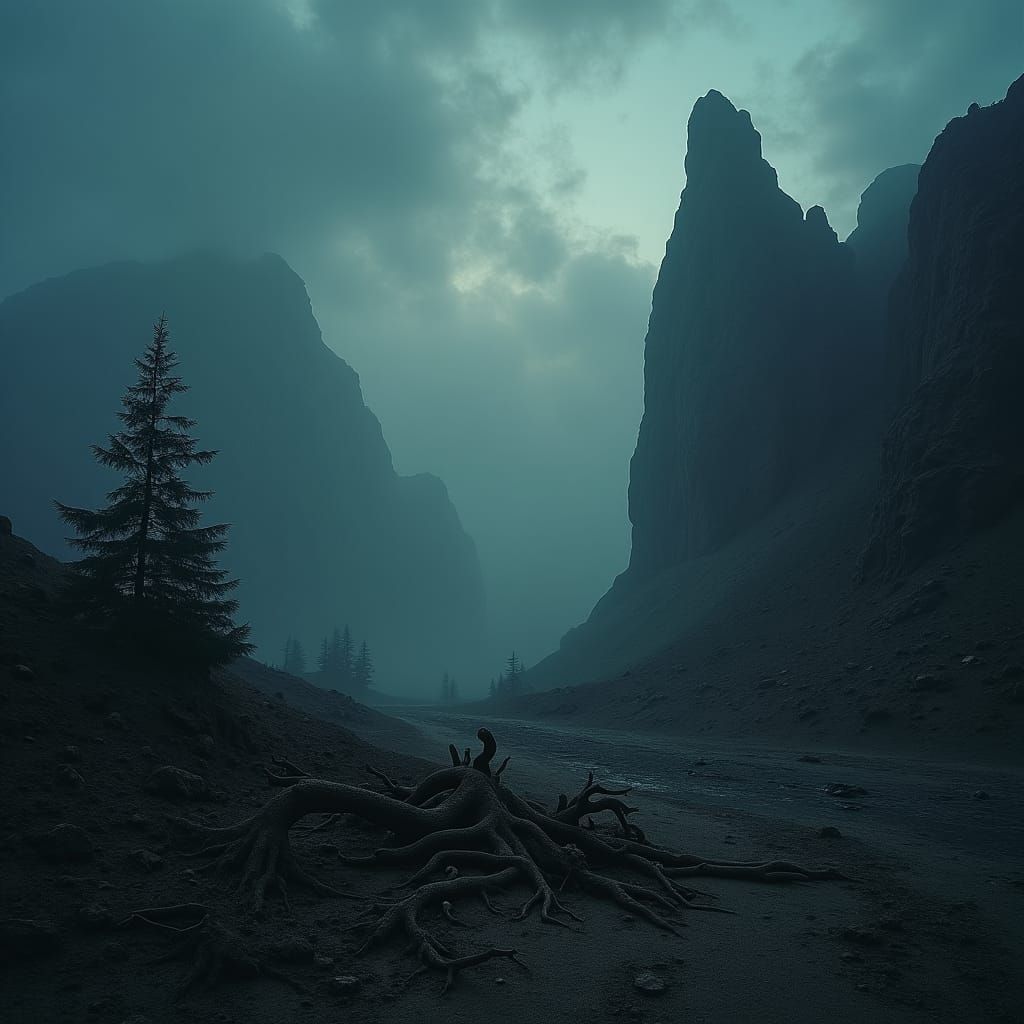 Dark Cinematic Landscape with Twisted Trees in Desolate Sett...