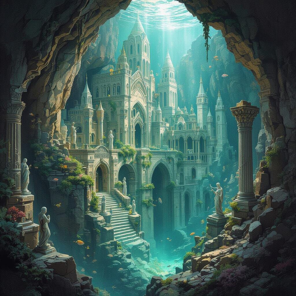 Submerged Elven City Ruins: Fantasy Watercolor Art