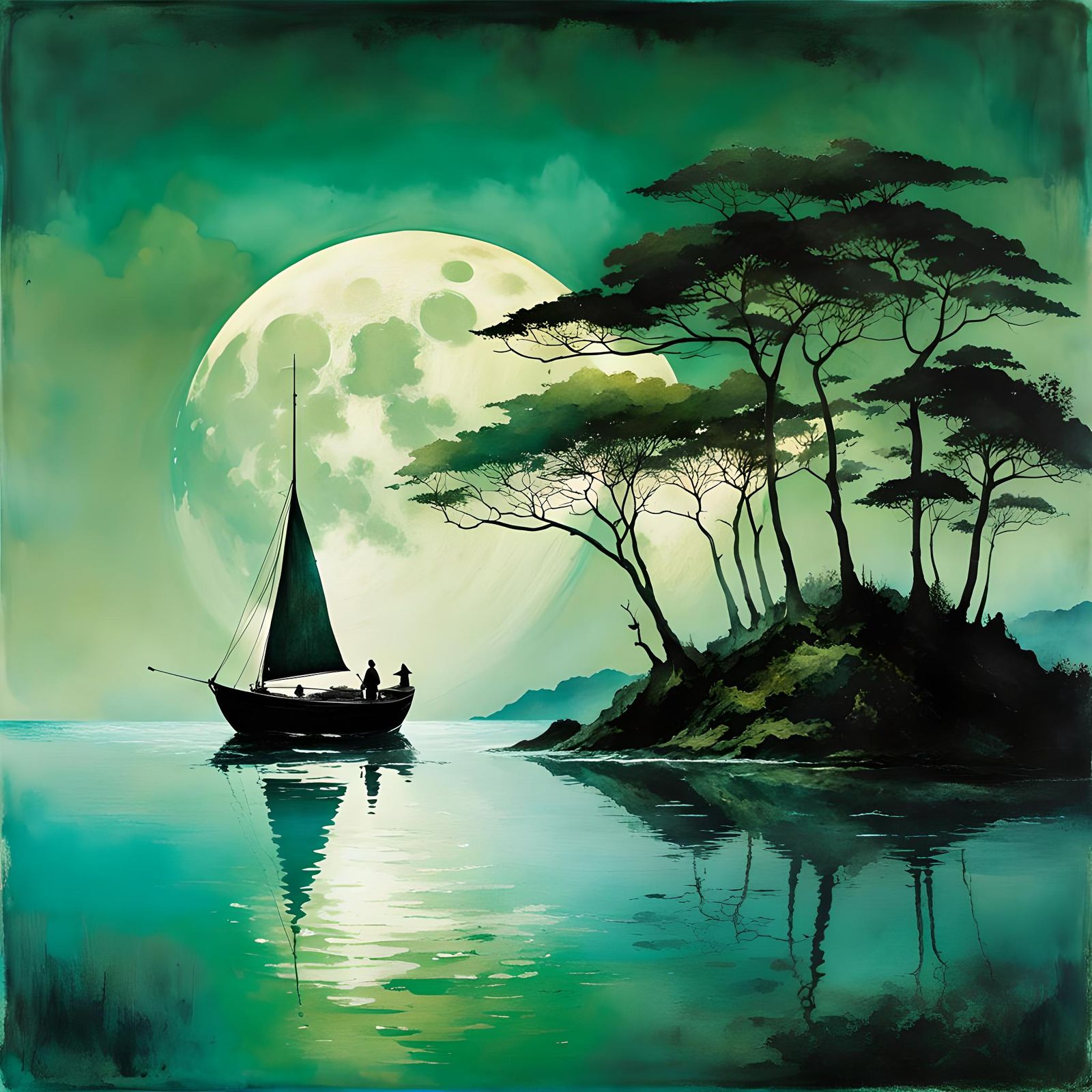 Dreamlike Double Exposure Boat on Moonlit Ocean